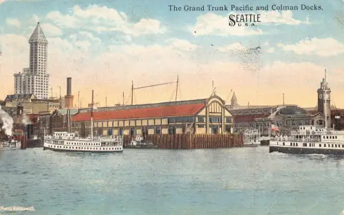 A970 US 1916 Grand Trunk Pacific and Colman Docks Boats Vintage Postkarte