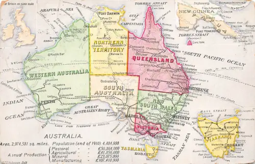 A963 Australien Regionen Karte Queensland Tasmanien New South Wales Vintage Postkarte
