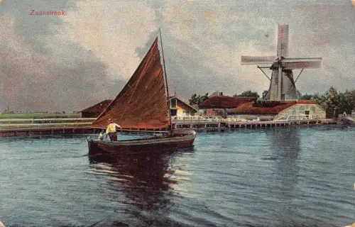A958 Niederlande Zaanstreek Segelboot Fischer Windmühle Vintage Postkarte