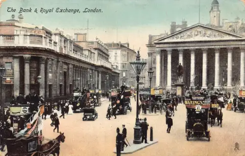 A948 England 1917 Bank and Royal Exchange Double Decker Bus Vintage Postkarte