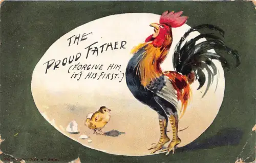 A983 Der stolze Vater 1911 Hahn Küken Ei Passepartout Postkarte