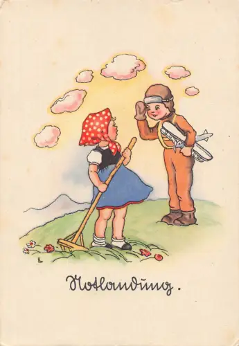 Kinder Bauernmädchen Junge als Flugzeug Pilot Spielzeug Vintage Postkarte B747