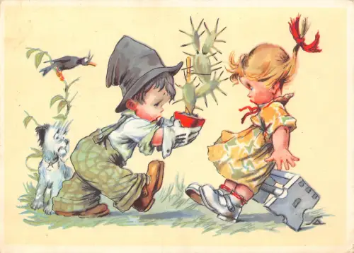 Kinder Comic Humor Humanisierter Hund Vogel Kaktus Pflanze 1940 Postkarte B734
