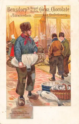 L520 Bensdorp Cocoa Royal, Fischmarkt Amsterdam Werbung Vintage Postkarte