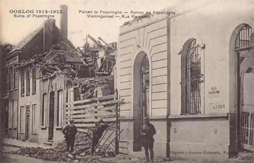 Belgien WWI Katastrophenruinen von Poperinge Vlamingstraat Rue Flamande Postkarte