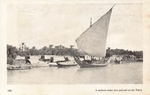Indien Mahela unter Schleppen und Segeln auf Tigris Segelbooten Vintage Postkarte