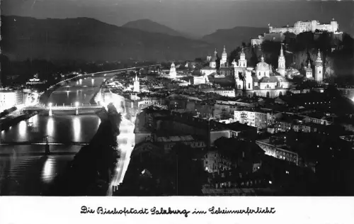 Österreich Salzburg Illuminationen bei Nacht RPPC Postkarte