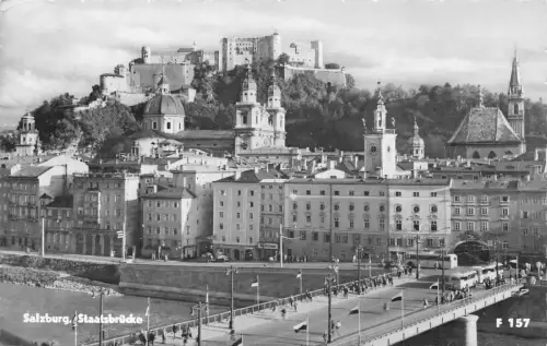 Österreich 1959 Salzburg Staatsbrücke Brücke Bus Schloss RPPC Vintage Postkarte
