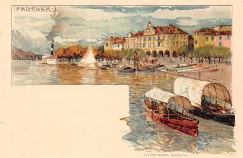 Italien Pallanza Gedeckte Boote Kunst signiert Manuel Wielandt Chromo Litho Postkarte
