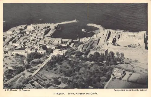 Zypern Stadt, Hafen und Burg Blick Kyrenia Vintage Postkarte