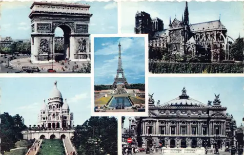 Frankreich Paris 1958 Arc de Triomphe Notre-Dame Tour Eiffel Oper Vintage Postkarte