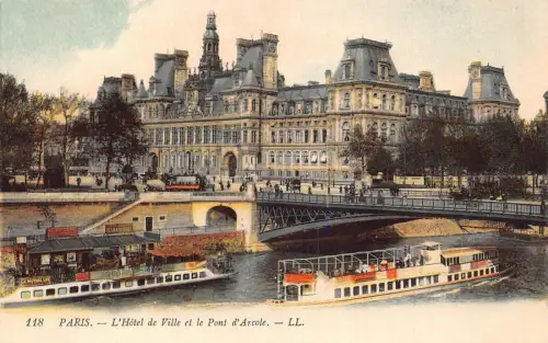 Frankreich Paris Rathaus Pont d'Arcole Boote Vintage Vintage Postkarte