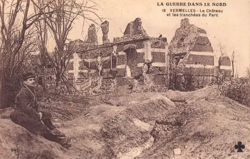 Frankreich WWI Katastrophe Vermelles Schloss und Tranchen im Park Vintage Postkarte
