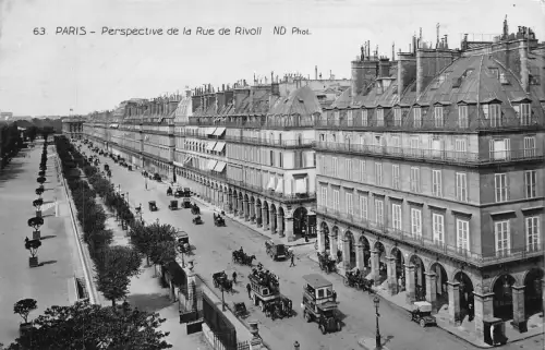 Frankreich Paris Rue de Rivoli Doppeldecker Bus und Kutsche RPPC Postkarte