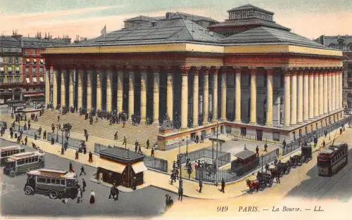Frankreich Paris La Bourse Busse Straßenbahn Vintage Postkarte
