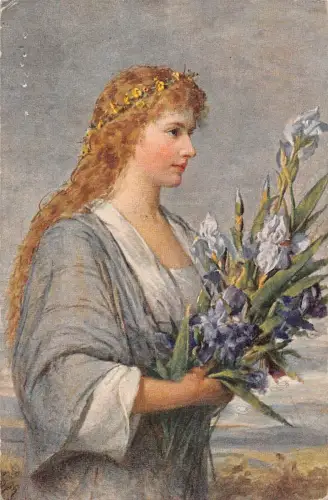 A112 Gemälde Blonde Frau Blume Krone Iris Blumenstrauß Vintage Postkarte