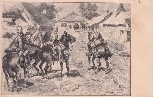 A111 Künstlerkarte 1917 Preußische Kavallerie im Dorf signiert Anton Hoffmann Postkarte