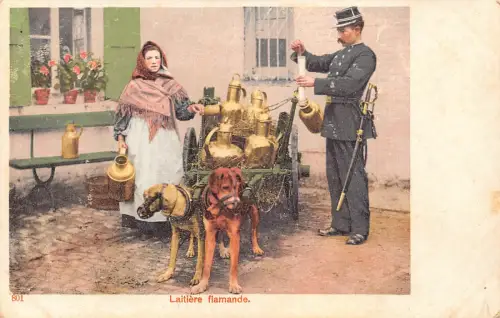 Flämisches Milchmädchen Laitiere Flamande Hunde gezogener Wagen Polizist Vintage Postkarte