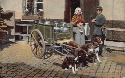 Flämisches Milchmädchen Laitiere Flamande Hunde gezogener Wagen Polizist Vintage Postkarte