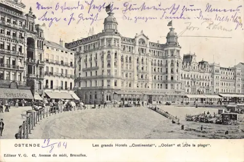 A114 Belgien 1904 Oostende Hotels Continental, Ocean und De la Plage Postkarte