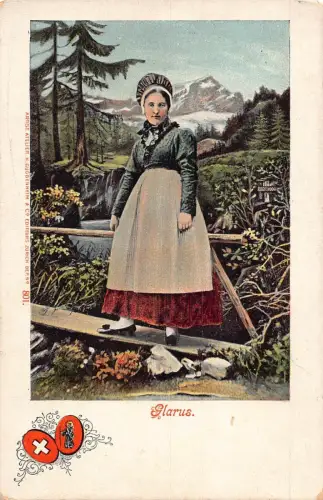 L029 Schweiz Glarus Tracht Frau Vintage Postkarte