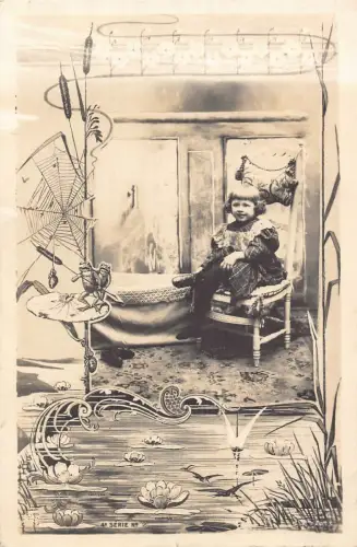 L085 Grüße Lotus Blumen Jugendstil Baby Baden Fantasie Vintage Postkarte