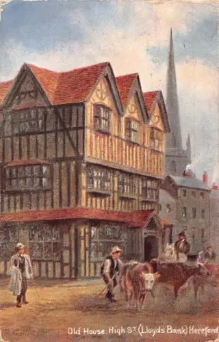 L366 England Old House High St Lloyds Bank Hereford Cows Gemälde Postkarte