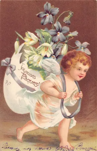 L085 Ostergrüße 1905 Engel Cherub Riesenei Fantasie Prägepostkarte