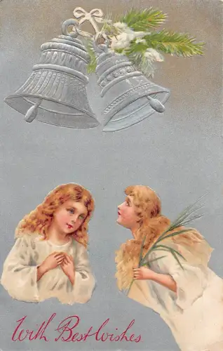 L366 Weihnachtswünsche Engel Glocke Paar geprägt Vintage Postkarte