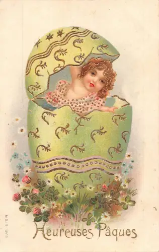 L085 Ostergrüße 1904 Riesenei Blumenmädchen Fantasie Prägepostkarte