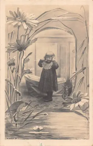 L085 Grüße Lotus Blumen Jugendstil Baby Baden Fantasie Vintage Postkarte