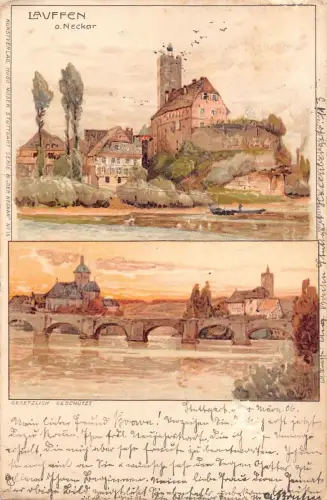 L367 Deutschland 1906 Lauffen am Neckar Brücke Häuser Gemälde Postkarte
