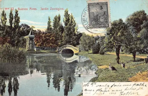 L361 Argentinien Buenos Aires Jardin Zoologico Teichbrücke Vögel Vintage Postkarte