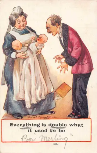 L366 Humor Comic Fred Spurgin signiert alles ist doppelt Babys Mann Postkarte