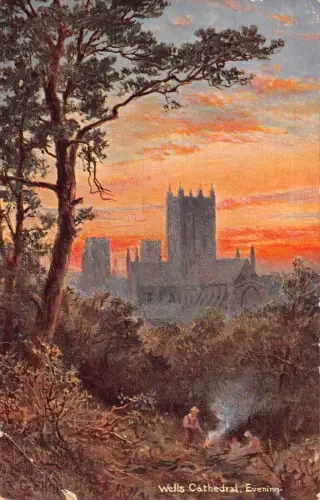 L366 England Wells Cathedral Abend Sonnenuntergang Feuer im Wald Gemälde Postkarte