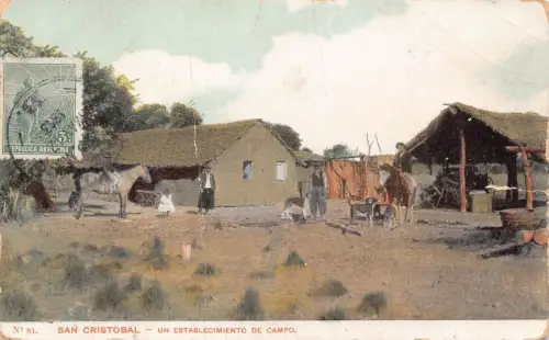 L361 Argentinien 1913 San Cristobal Un establecimiento de campo Bauernhof Hund Postkarte