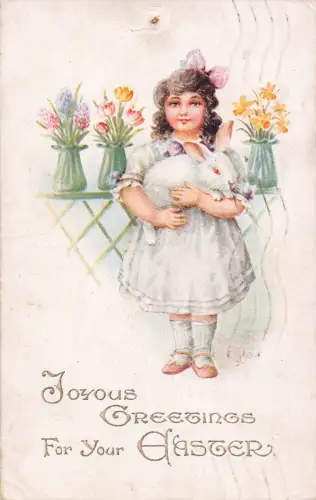 L366 Grüße Ostermädchen hält weißen Hasen Blumen Tulpen Hyazinthe Postkarte