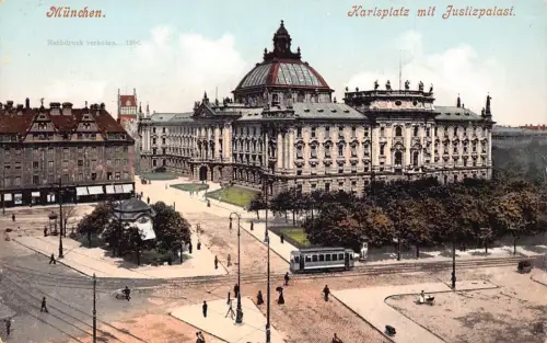 L367 Deutschland München 1905 Karlsplatz mit Justizplatz Platz Straßenbahn Postkarte
