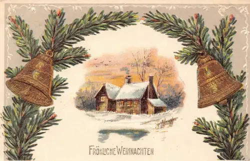 A110 Weihnachtsgrüße 1909 Golden Bells Tannenzweige Schnee geprägt Postkarte