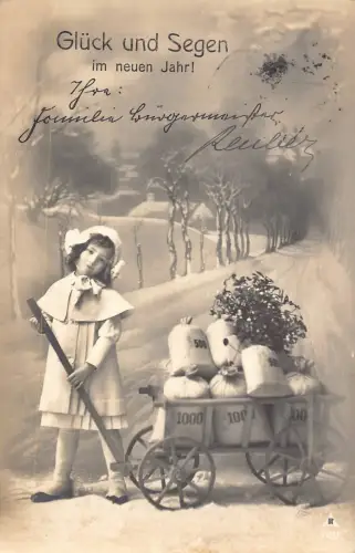 A111 Neujahrsgrüße 1913 Mädchen zieht Wagen mit Geldsäcken Montage Postkarte