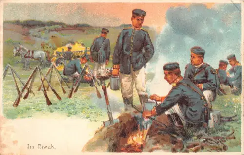 A111 Deutsche Soldaten im Lager Reinigungswaffen Künstlerkarte signiert Biwak Postkarte