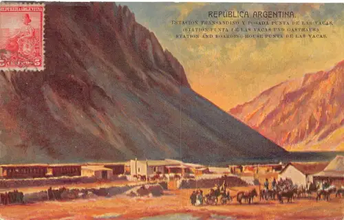 L358 Argentinien Bahnhof und Pension Punta de las Vacas Vintage Postkarte