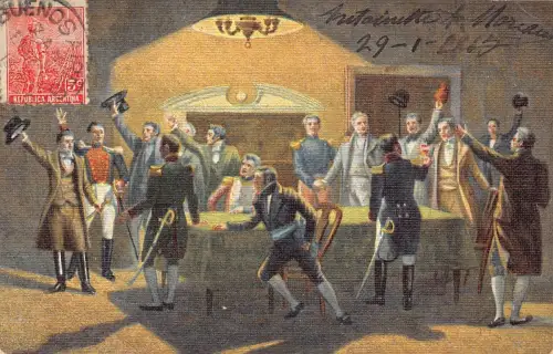 L358 Argentinien 1915 Gemälde La Noche del 20 mayo Casa Pena Offiziere Postkarte