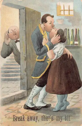 L030 Comic Paar küsst Humor signiert Vintage Postkarte