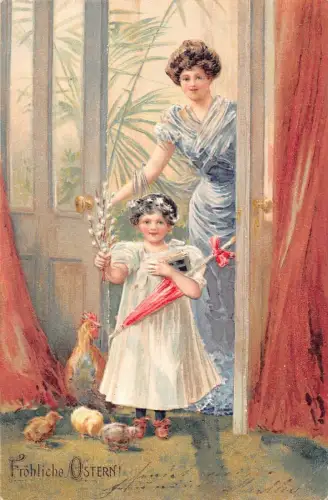 L226 Ostergrüße 1904 Mutter und Tochter Küken Henne Prägepostkarte