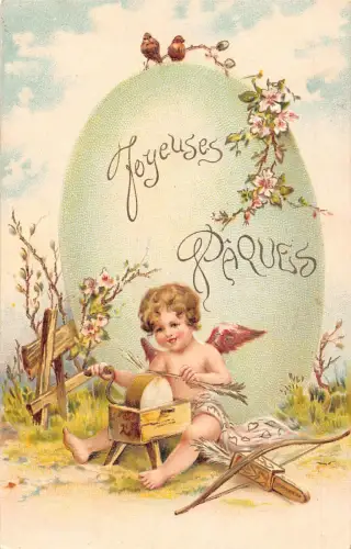 L226 Ostergrüße 1908 Amor Riesenei Vögel Blumen geprägte Postkarte