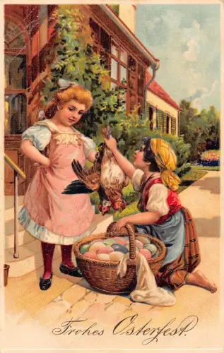 L226 Ostergrüße 1910 Mädchen Erwachsene Haltung Hühner Eier geprägte Postkarte