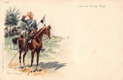 L031 Deutschland 1 Garde Drag Regiment signiert Zimmer Militär Litho Postkarte