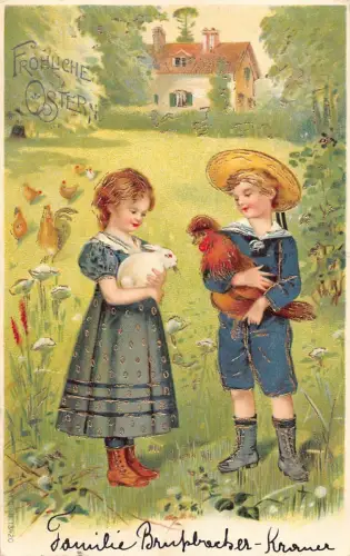 L226 Ostergrüße 1904 Kinder Hase Hahn Blumen Prägepostkarte
