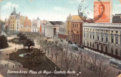 L357 Argentinien Buenos Aires Plaza de Mayo Costado Norte Straßenbahnen Vintage Postkarte